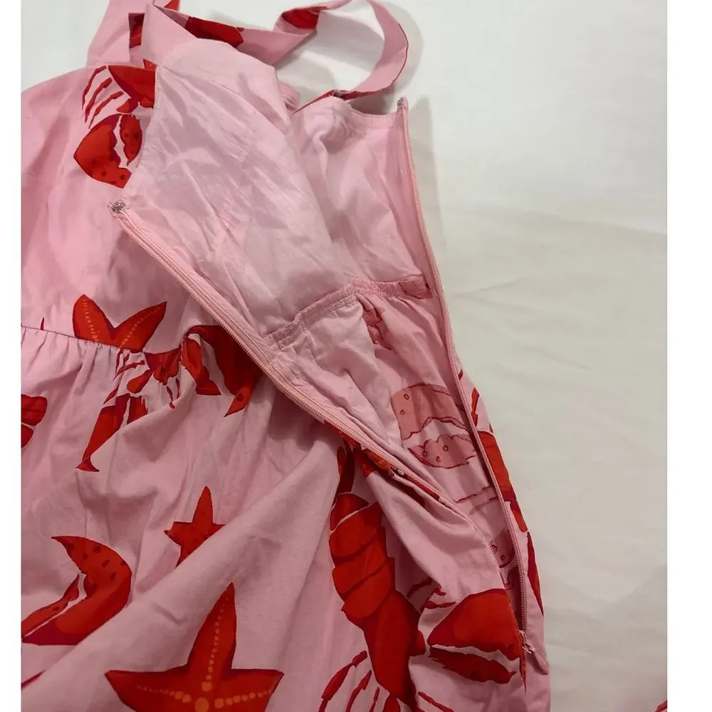 J.Crew Womens 6 Pink Red Lobster Print Tiered Midi Dress Vacation Girly Beachy